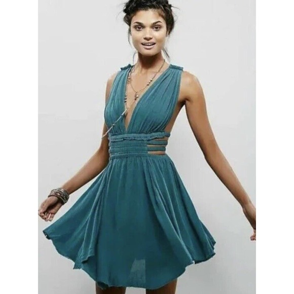 Free People Dresses & Skirts - Free People Teal Feel the Flava Cutout Strappy Raw Hem Mini Dress Small